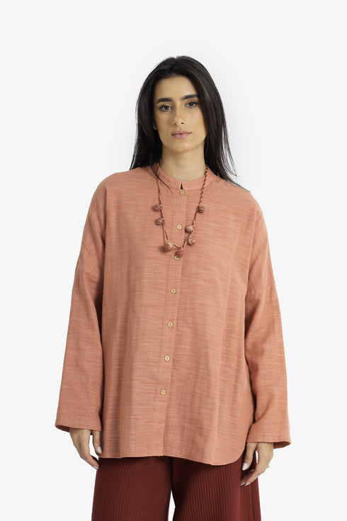 Oversized Egyptian cotton slub shirt with stand collar