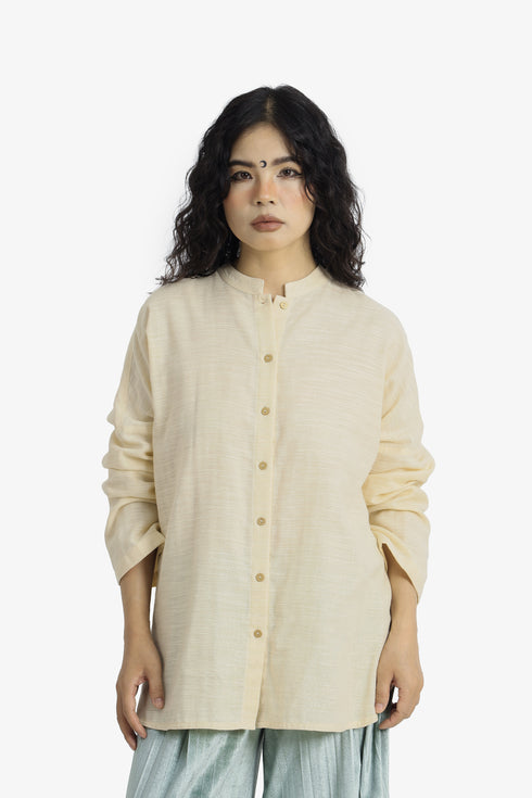 Oversized Egyptian cotton slub shirt with stand collar