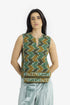 Quilted printed sleeveless cotton top with velvet piping