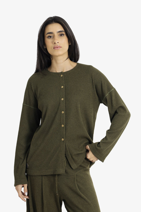 Ribbed button-front cardigan with round neckline