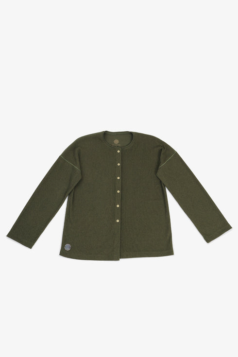 Ribbed button-front cardigan with round neckline