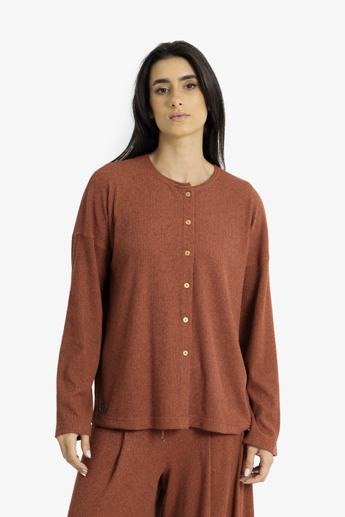 Ribbed button-front cardigan with round neckline
