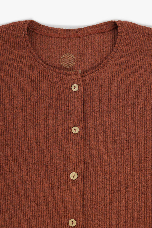 Ribbed button-front cardigan with round neckline
