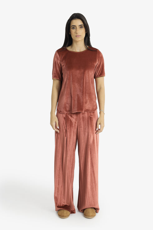 Velvet short sleeve top with contrast trims
