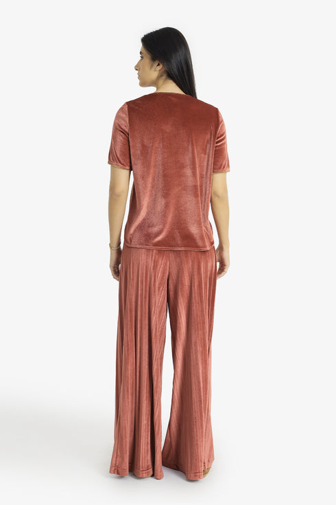 Velvet short sleeve top with contrast trims