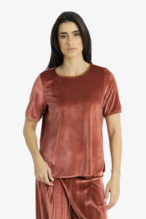 Velvet short sleeve top with contrast trims