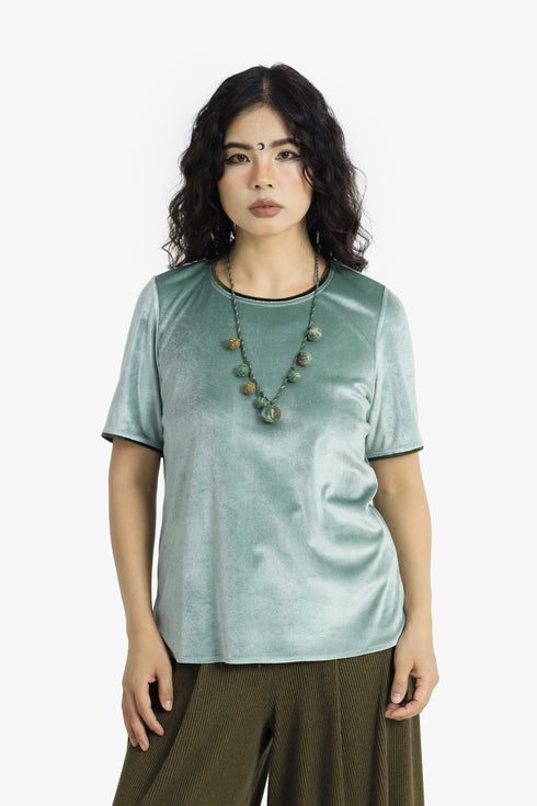 Velvet short sleeve top with contrast trims