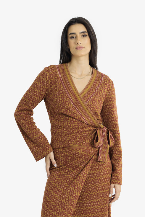 Patterned jacquard wrap top with side tie