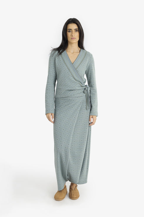 Patterned jacquard wrap top with side tie