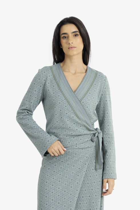 Patterned jacquard wrap top with side tie