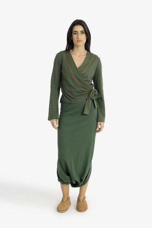 Patterned jacquard wrap top with side tie