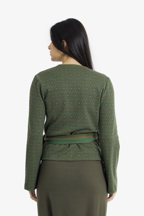 Patterned jacquard wrap top with side tie