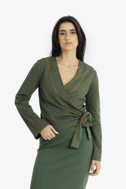Patterned jacquard wrap top with side tie