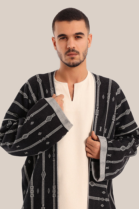 Long cotton blend jacquard patterned jacket