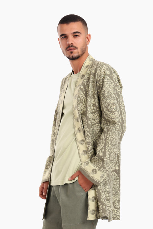 Long jacket in printed cotton with pockets