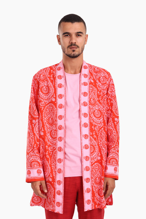 Long jacket in printed cotton with pockets