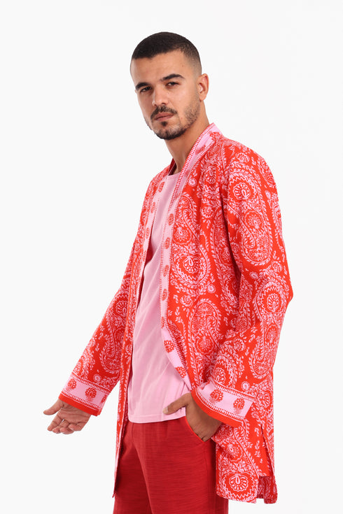 Long jacket in printed cotton with pockets