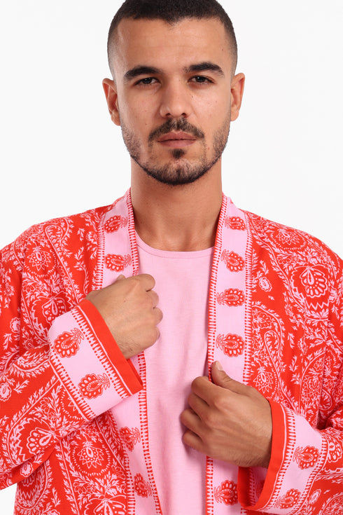 Long jacket in printed cotton with pockets