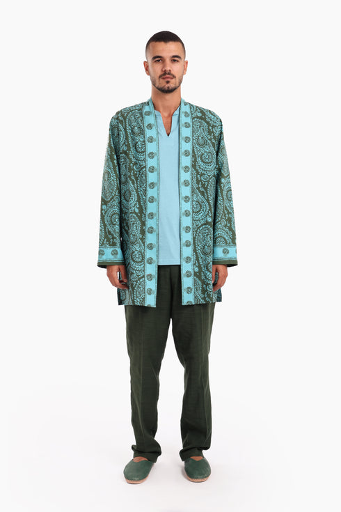 Long jacket in printed cotton with pockets