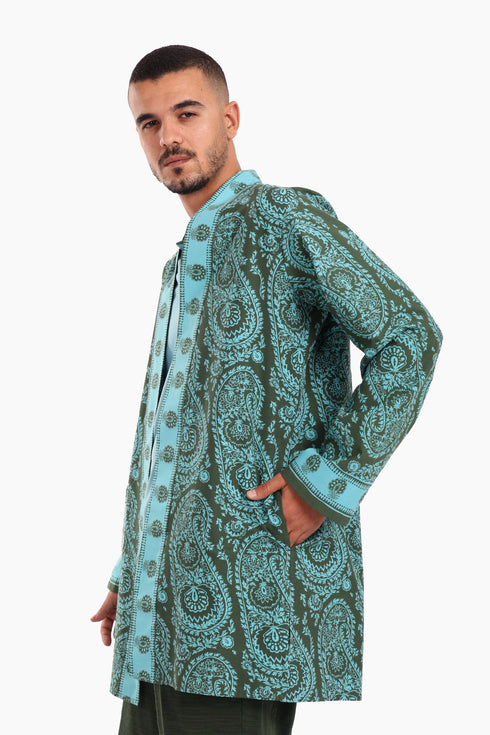 Long jacket in printed cotton with pockets