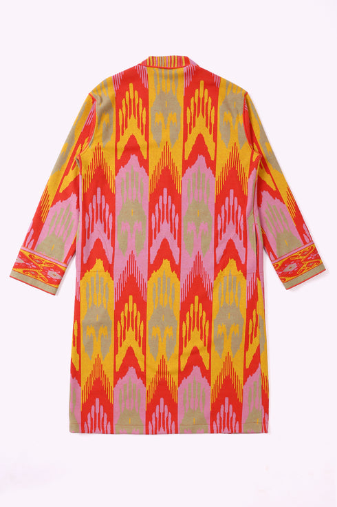 Long coat in cotton blend patterned jacquard