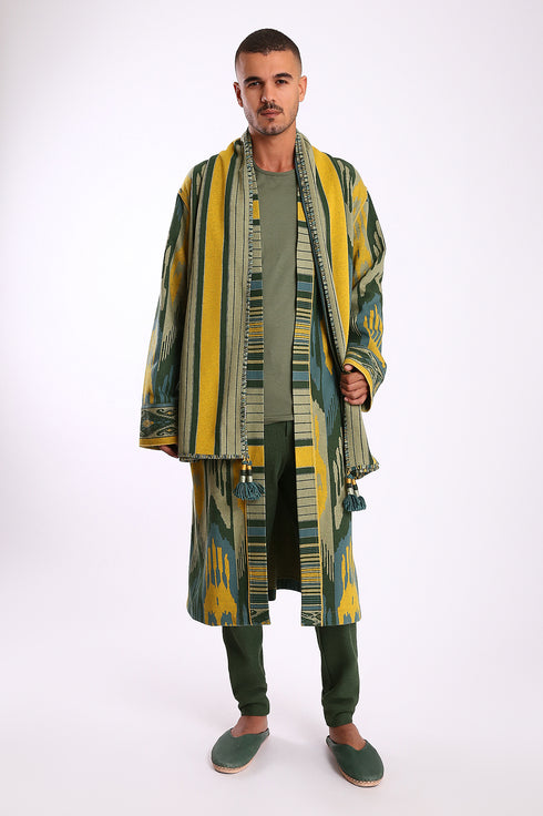 Long coat in cotton blend patterned jacquard