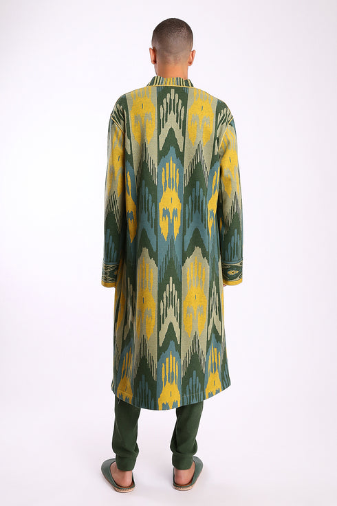 Long coat in cotton blend patterned jacquard