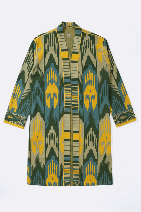 Long coat in cotton blend patterned jacquard