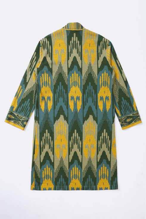 Long coat in cotton blend patterned jacquard