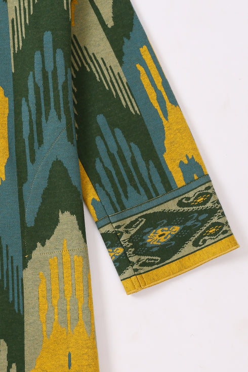 Long coat in cotton blend patterned jacquard