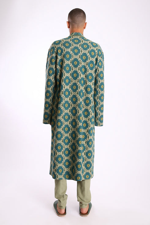 Long coat in printed faux cashmere cotton blend with pockets