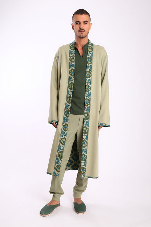 Long coat in printed faux cashmere cotton blend with pockets