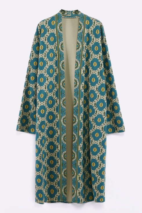 Long coat in printed faux cashmere cotton blend with pockets