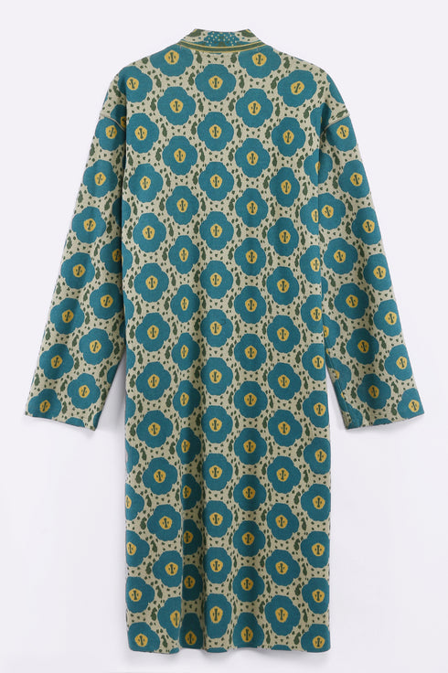 Long coat in printed faux cashmere cotton blend with pockets