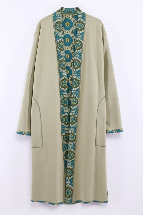 Long coat in printed faux cashmere cotton blend with pockets