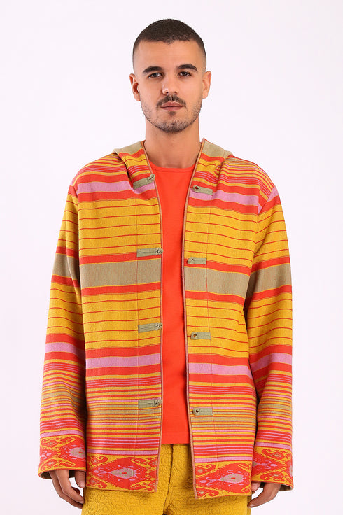 Jacket in striped jacquard cotton blend with hoodie