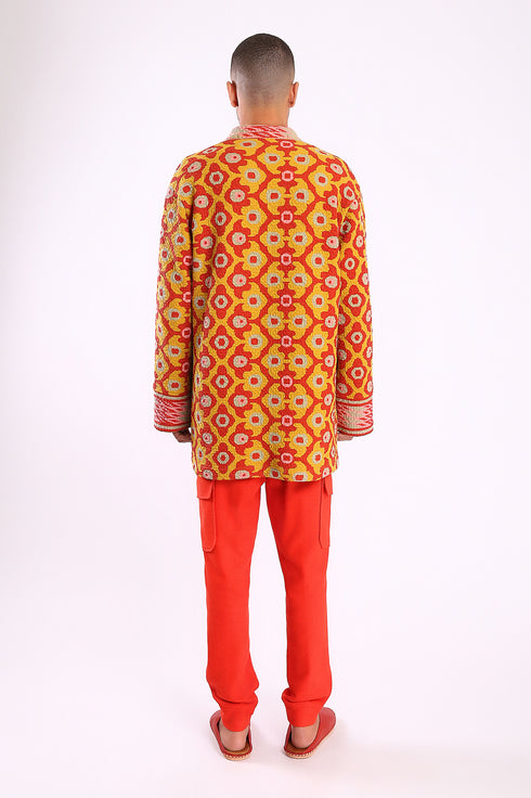 Jacket in printed quilted cotton blend with pockets