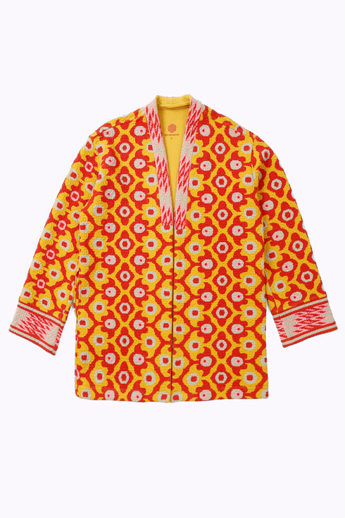 Jacket in printed quilted cotton blend with pockets