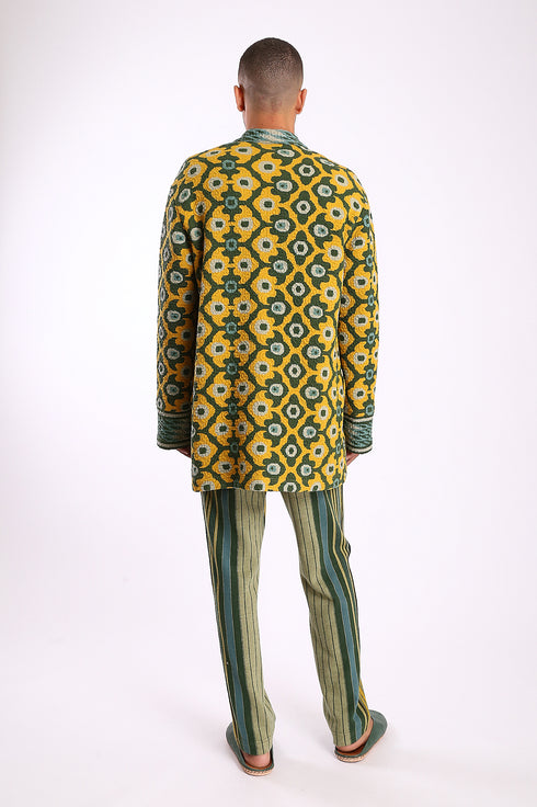 Jacket in printed quilted cotton blend with pockets