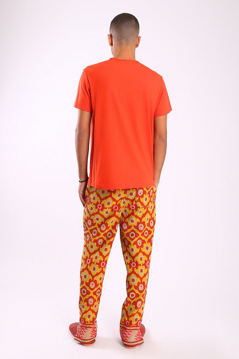 Straight leg pants in quilted printed cotton blend with elastic waist.