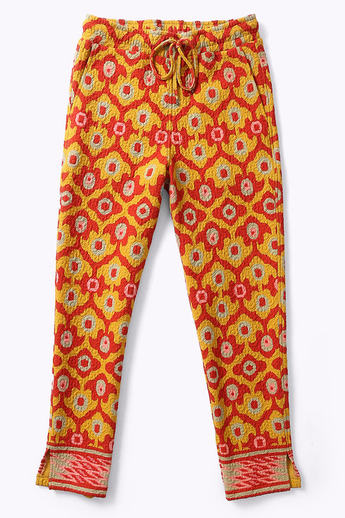 Straight leg pants in quilted printed cotton blend with elastic waist.