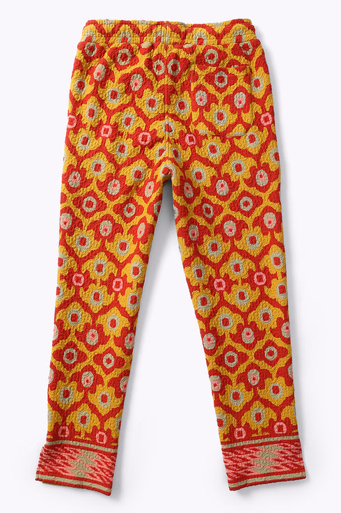 Straight leg pants in quilted printed cotton blend with elastic waist.