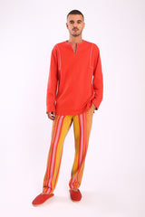 Straight leg pants in striped cotton blend jacquard with elastic waistband