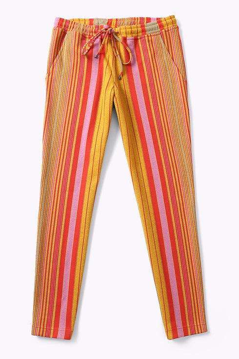 Straight leg pants in striped cotton blend jacquard with elastic waistband
