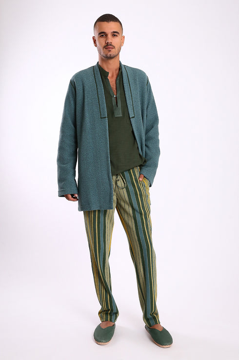 Straight leg pants in striped cotton blend jacquard with elastic waistband