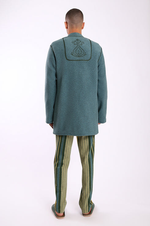 Straight leg pants in striped cotton blend jacquard with elastic waistband