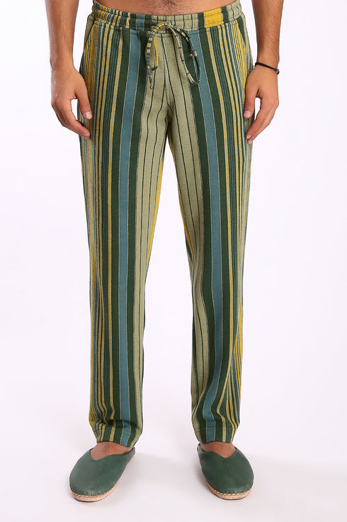 Straight leg pants in striped cotton blend jacquard with elastic waistband