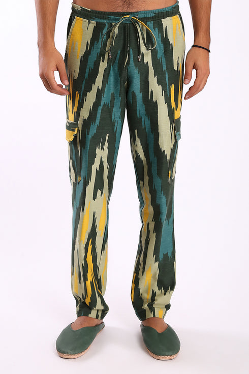 Straight leg pants in printed cotton gabardine with 2 flap pockets