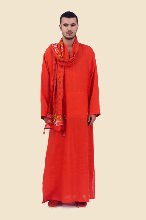 Long jellabiya in linen with high neckline with slit