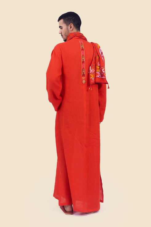 Long jellabiya in linen with high neckline with slit